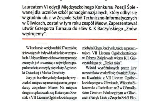 Informacja o VI edycji Konkursu Poezji Śpiewanej.