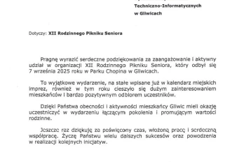 Podziękowanie Pani Prezydent dla ZSTI za udział w XII Rodzinnym Pikniku Seniora