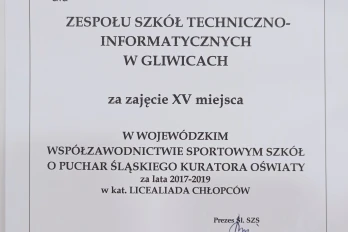 List gratulacyjny ze Śląskiego Szkolnego Związku Sportowego